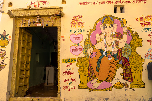 Jaisalmer Rajasthan India March 24 2023 Drawing of Hindu deity Ganesha on a wall, lucky charm of marriage
