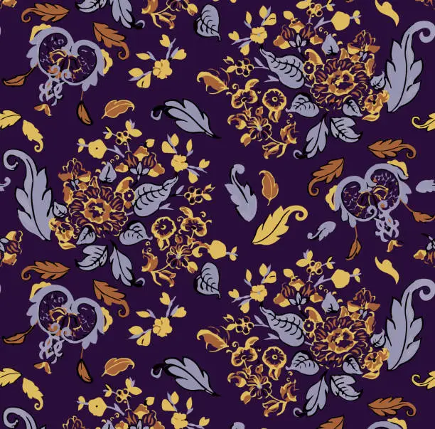 Vector illustration of Pattern with stylized ornamental flowers in retro, vintage style. Jacobin embroidery.
