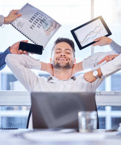 istock Relax, hands and business man with multitask, time management and office balance stretching at desk. Calm worker, happy person or manager stress relief for technology, documents or workplace chaos 1494298085