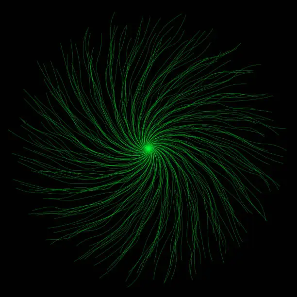 Vector illustration of Green vortex chaos lines originating in a single point