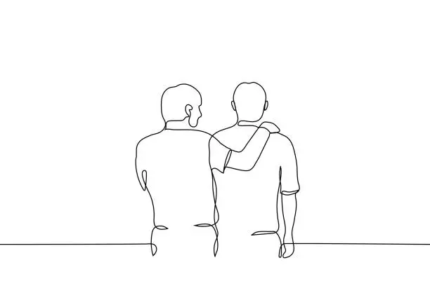 Vector illustration of man looks at a friend with his hand on his shoulders - one line drawing. the concept of friendship, emotional support, comfort someone,