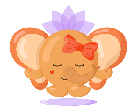 Funny Cute Kawaii Meditating Elephant With Lotus Flower Over Head And ...