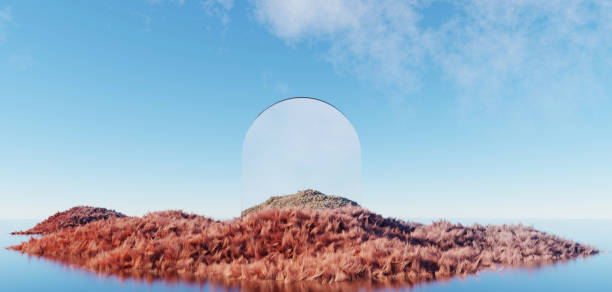 istock 3d render Surreal green shaggy surface Grassland mountain landscape background in minimal concept, abstract fantastic dune, panoramic, futuristic beauty meadow.copy space, blue sky and cloudy 1494300119