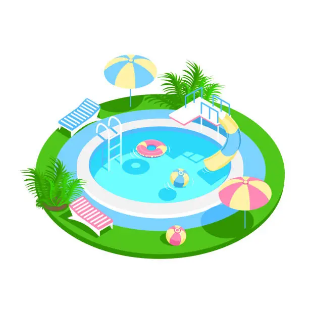 Vector illustration of Isometric swimming pool with balls and sunbeds