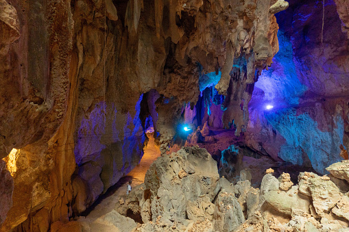 Tham Nang Aen Cave with neon lights, Thakhek loop, Laos.