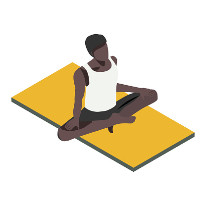 Isometric African American man in lotus position on yoga mat. sports lifestyle. meditation. vector illustration isolated on white background
