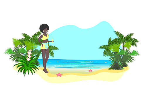 A beautiful black girl in a yellow swimsuit stands on a tropical beach with a cocktail in her hand. Vector illustration of summer time, entertainment, travel and recreation.