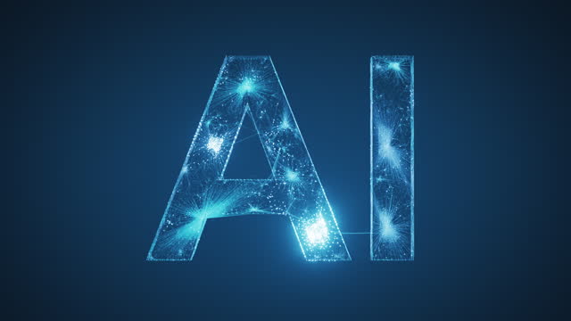 AI Logo Emerging From A Complex Network - Artificial Intelligence, Machine Learning, Neural Network, Digital Connections - Blue Version