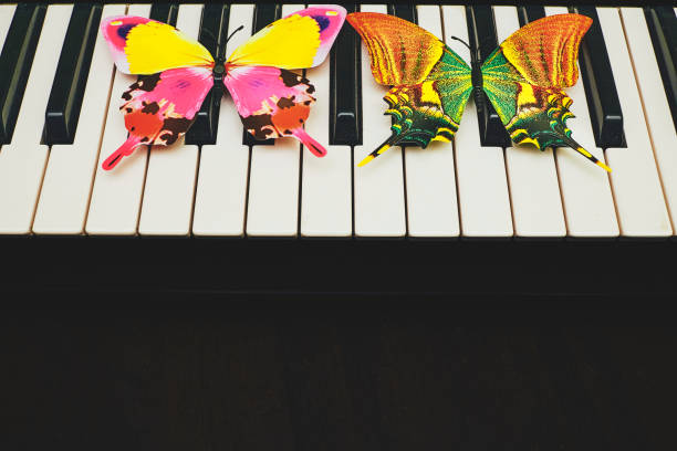 istock Musical synthesizer piano keys with colored butterflies. place for text 1494305010