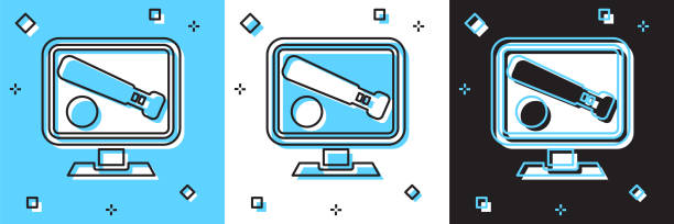 Set Monitor with baseball ball and bat on the screen icon isolated on blue and white, black background. Online baseball game. Vector Set Monitor with baseball ball and bat on the screen icon isolated on blue and white, black background. Online baseball game. Vector. baseball-scorecard stock illustrations