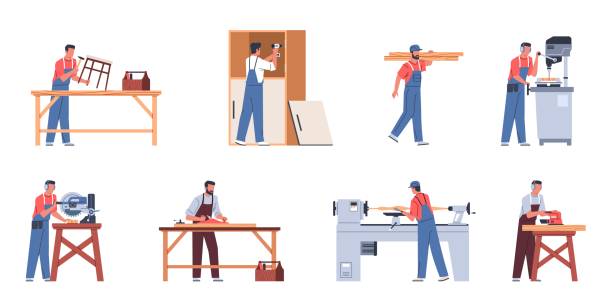 Carpenters work. Woodworking industry flat characters, people in overalls make furniture, sawing, planing and drilling, professional workers in workshop isolated scenes, nowaday vector set Carpenters work. Woodworking industry flat characters, people in overalls make furniture, sawing, planing and drilling, professional workers in workshop isolated scenes, occupation nowaday vector set the craftsman stock illustrations