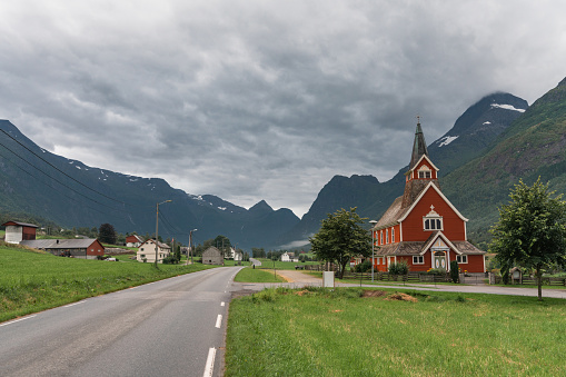 Scenic view of Norwegian village in the mountains in summer