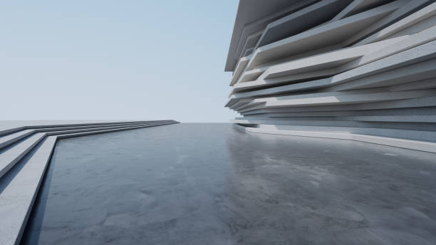 istock Abstract architecture design of modern building. Empty parking area floor and concrete wall with blue sky view. 1494310072