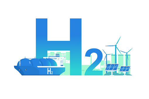 The concept of using and transporting hydrogen as an energy source. Gas ship, hydrogen liquefaction plant, solar panels and wind turbines. Vector illustration.