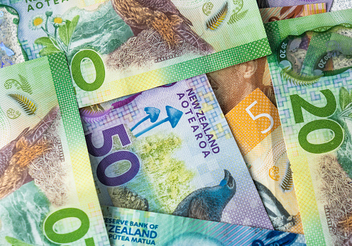 Close-up of a collection of New Zealand banknotes.