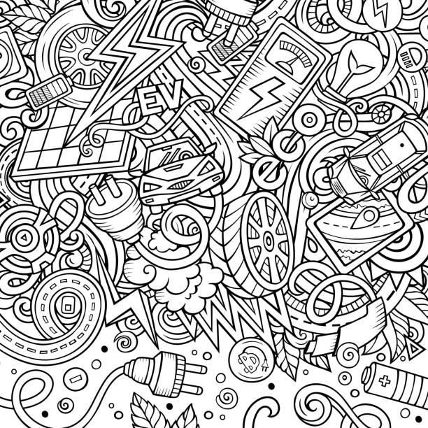 cartoon-doodles elektroautos rahmendesign - art electric plug cartoon drawing stock-grafiken, -clipart, -cartoons und -symbole