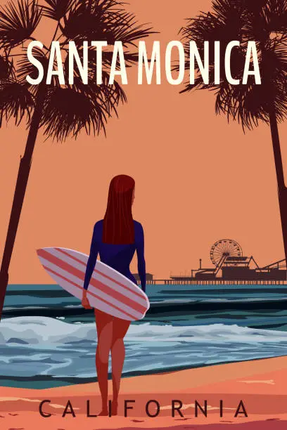 Vector illustration of California Santa Monica Beach Travel vintage poster vector