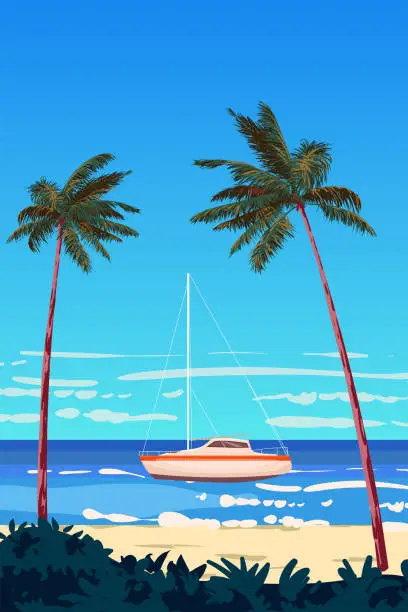 Vector illustration of Tropical island nature seachore, sailboat, palms, sea, ocean