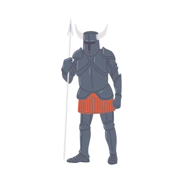 Vector illustration of Medieval knight in armor with spear, cartoon flat vector illustration isolated on white background.
