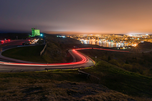 Signal Hill and cityscape in night, St. John's, Canada.