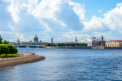 View of the Spit of Vasilyevsky Island and the sights of St. Petersburg, Russia