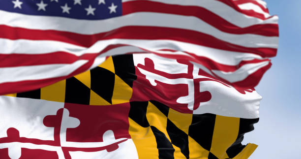 istock Maryland state flag waving in the wind with blurred US national flag 1494314794