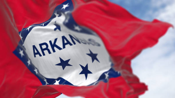 istock Arkansas state flag waving in the wind on a clear day 1494314829