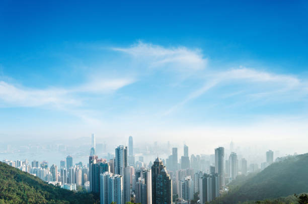 Aerial view of Hong Kong skyscrapers skyline stock photo