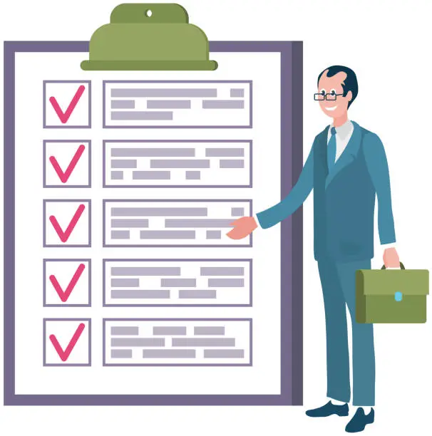 Vector illustration of Male office worker check checklist mark completion of tasks and plans. Businessman with to do list