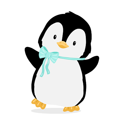 Cute little baby penguin with bow. Vector flat cartoon illustration isolated on white. Animal character for kids