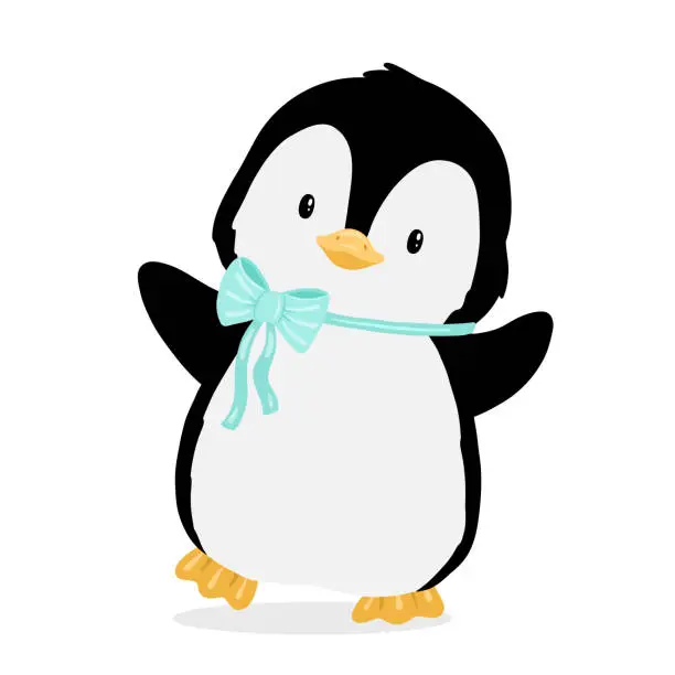 Vector illustration of Cute little baby penguin with bow. Vector flat cartoon illustration isolated on white. Animal character