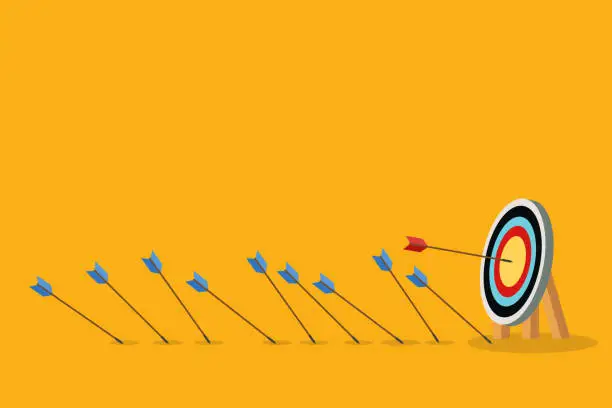 Vector illustration of Blue arrows missed hitting target and only red one hits the center. Business challenge failure and success concept.