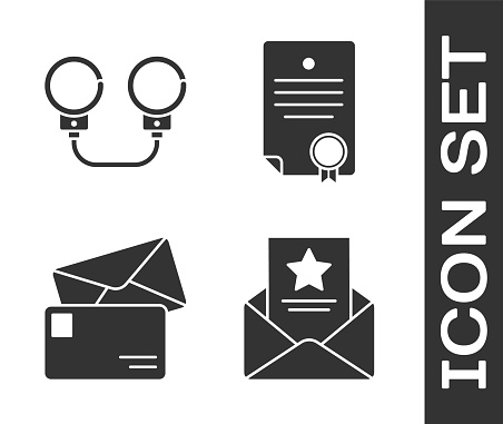 Set The arrest warrant, Handcuffs, Envelope and Certificate template icon. Vector