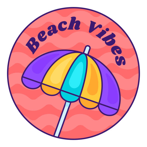 Cartoon Round Sticker Beach Vibes Festive round sticker decal with striped beach umbrella by sea and Beach Vibes inscription. Holiday festive badge emblem. Color vector isolated on white background flag warning sign summer backgrounds stock illustrations