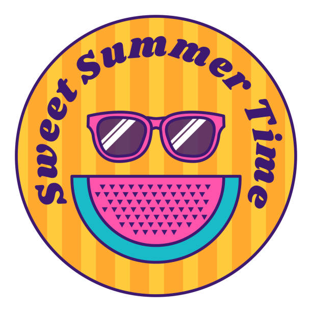 Cartoon Round Sticker Sweet Summer Time Summer round sticker decal with Cheerful watermelon smiles from ear to ear and Sweet Summer Time inscription. Holiday festive badge emblem. Color vector isolated on white background flag warning sign summer backgrounds stock illustrations