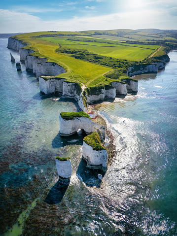 Aerial view of the Old Harry Rocks, Jurrasic Coast, Dorset, England, during a sunny spring day