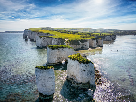 Aerial view of the Old Harry Rocks, Jurrasic Coast, Dorset, England, during a sunny spring day