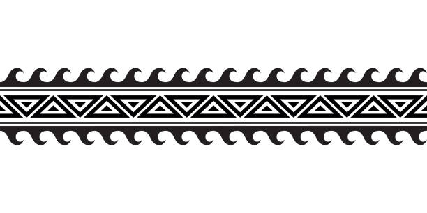 ilustraciones, imágenes clip art, dibujos animados e iconos de stock de pulsera de tatuaje polinesia maorí con ondas. vector de patrón sin costuras de manga tribal. - pattern maori tattoo indigenous culture