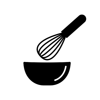 Whisk with bowl for whisking. Black kitchen steel equipment for mixing cooking ingredients and whisking eggs with cream and vector blender