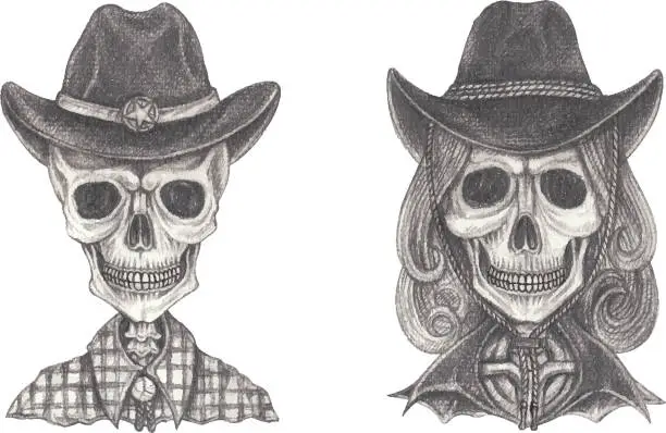 Vector illustration of Fancy couple cowboy and cowgirl skulls. Hand drawing on paper.