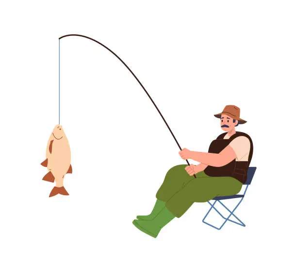 Vector illustration of Adult fisherman holding caught fresh fish on rod while sitting on chair isolated on white background