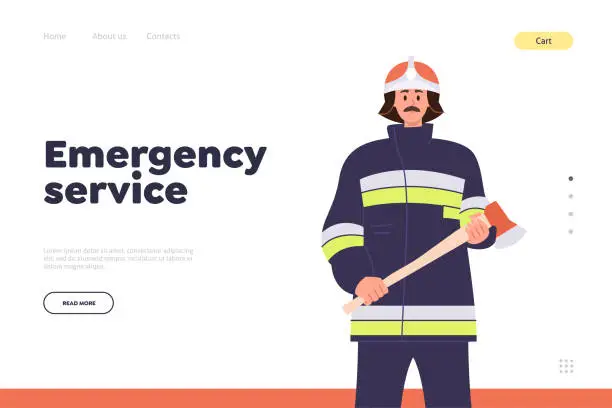 Vector illustration of Emergency service landing page template for online fire department with professional fireman design