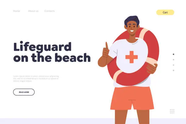 Vector illustration of Lifeguard on beach landing page design template with happy lifesaver male character portrait