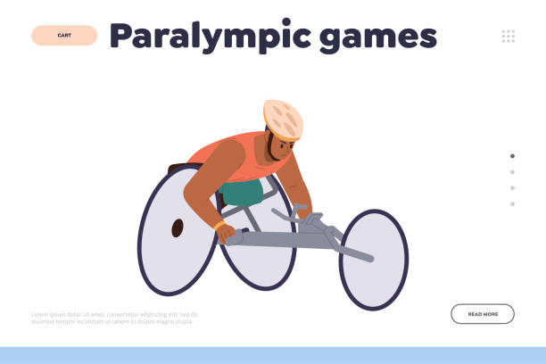 ilustrações de stock, clip art, desenhos animados e ícones de paralympic games landing page design template with athlete character taking part in wheelchair race - physical impairment athlete sports race wheelchair