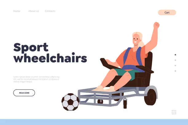 Vector illustration of Sport wheelchair landing page design template with happy woman with injured body playing football