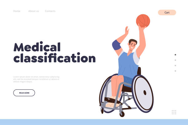 ilustrações, clipart, desenhos animados e ícones de modelo de design de página de destino de classificação médica com retrato de esportista em cadeira de rodas - physical impairment individuality disabled dependency