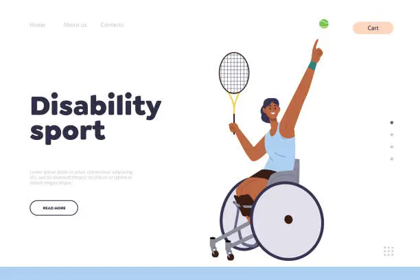 Vector illustration of Disability sport landing page template with portrait of sportswoman in wheelchair playing tennis