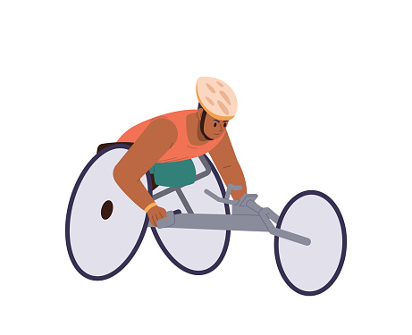 Young man character with amputated legs riding in wheelchair taking part in speed racing paralympic competition isolated vector illustration. Athlete with physical disability exercising or training