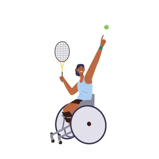 Vector illustration of Young athletic woman having disability playing big tennis sitting in wheelchair vector illustration