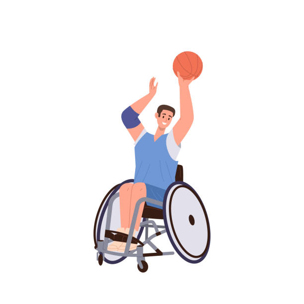 ilustrações de stock, clip art, desenhos animados e ícones de young athletic man sitting in wheelchair playing basketball taking part in game match competition - physical impairment wheelchair disabled accessibility